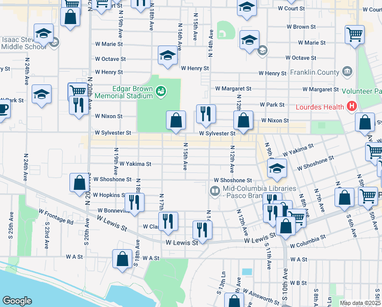 map of restaurants, bars, coffee shops, grocery stores, and more near 1528 West Irving Street in Pasco