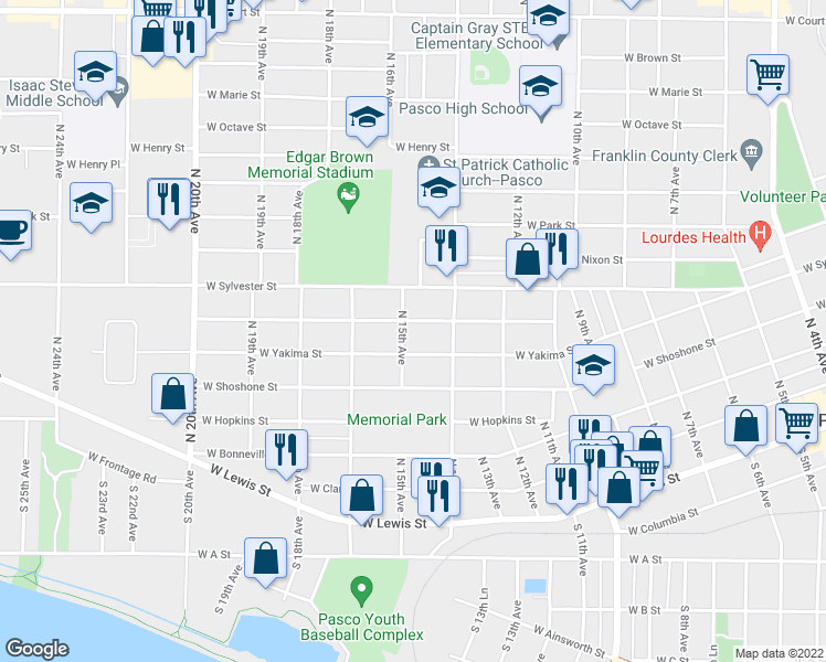 map of restaurants, bars, coffee shops, grocery stores, and more near 1528 West Irving Street in Pasco