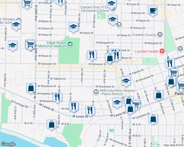 map of restaurants, bars, coffee shops, grocery stores, and more near 716 North 14th Avenue in Pasco