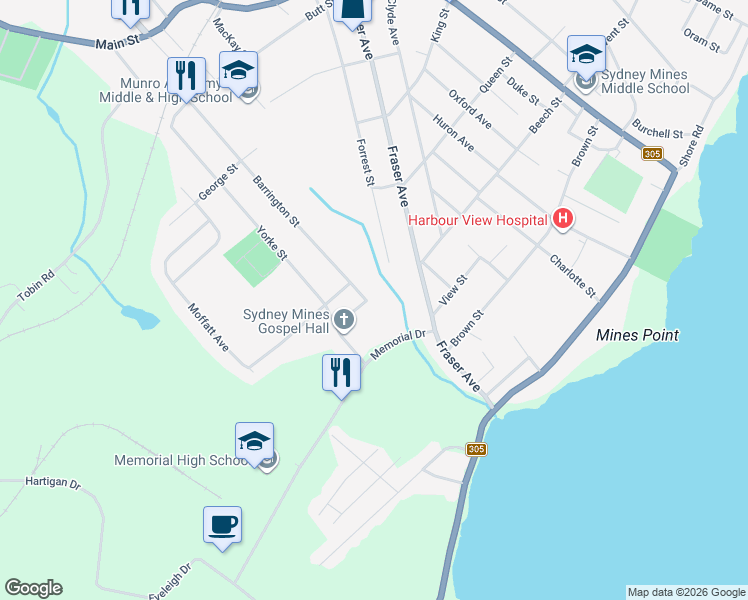 map of restaurants, bars, coffee shops, grocery stores, and more near 123 Barrington Street in Sydney Mines