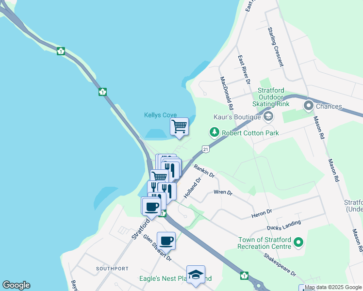 map of restaurants, bars, coffee shops, grocery stores, and more near 19 Horton Drive in Stratford