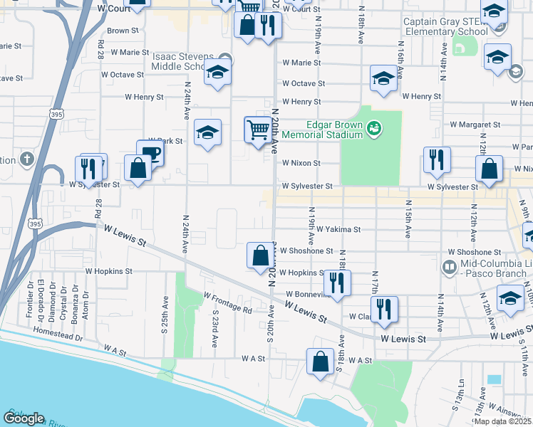 map of restaurants, bars, coffee shops, grocery stores, and more near 416 North 20th Avenue in Pasco