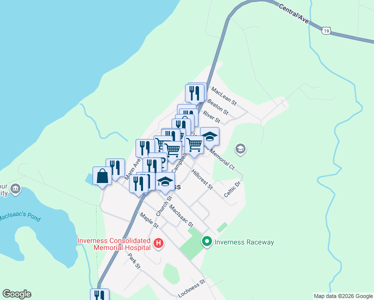 map of restaurants, bars, coffee shops, grocery stores, and more near 11 Quincy Street in Inverness