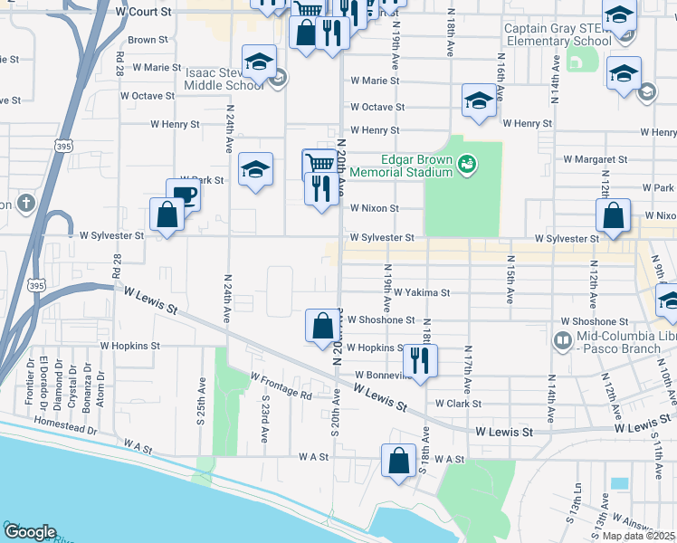 map of restaurants, bars, coffee shops, grocery stores, and more near 416 North 20th Avenue in Pasco