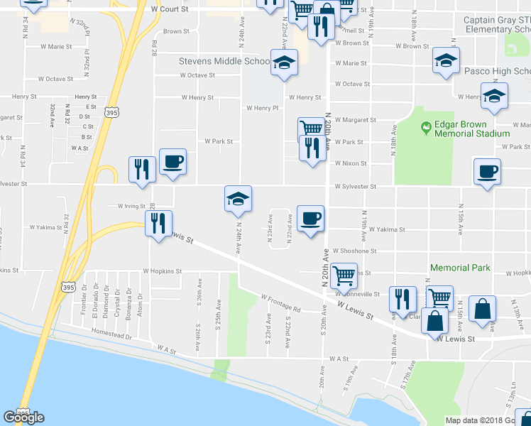 map of restaurants, bars, coffee shops, grocery stores, and more near 414 North 23rd Avenue in Pasco
