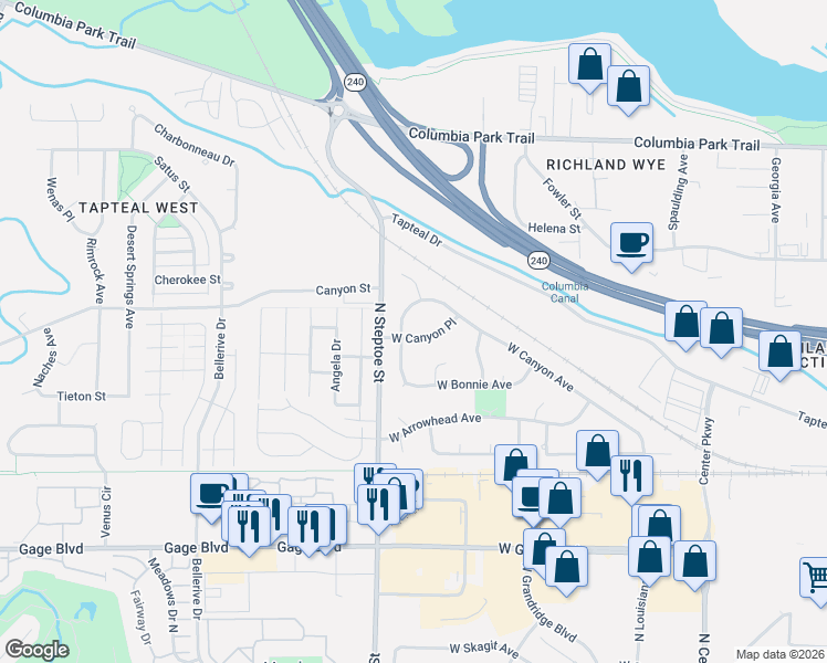 map of restaurants, bars, coffee shops, grocery stores, and more near 8936 West Canyon Place in Kennewick