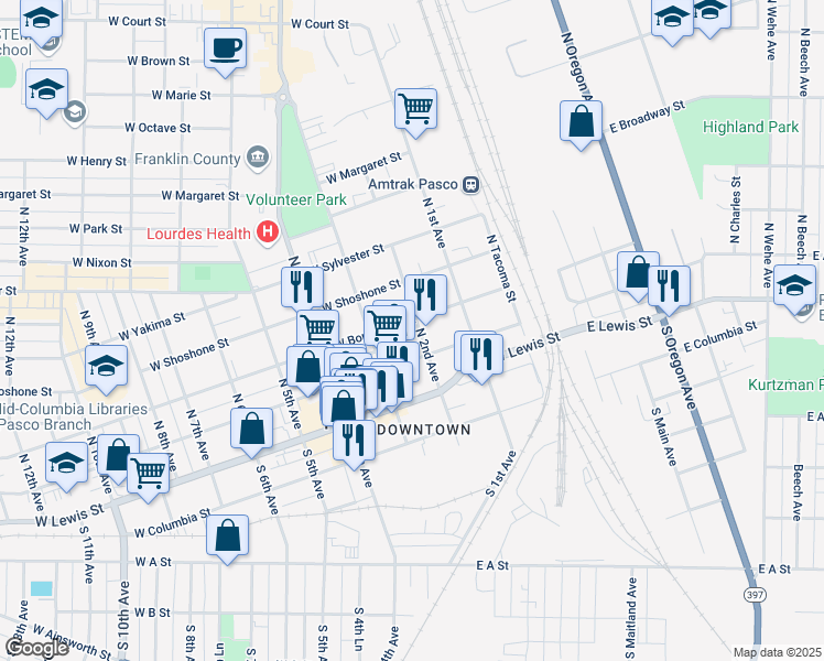 map of restaurants, bars, coffee shops, grocery stores, and more near 222 North 2nd Avenue in Pasco