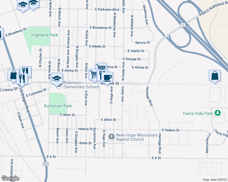 map of restaurants, bars, coffee shops, grocery stores, and more near 123 South Hugo Avenue in Pasco