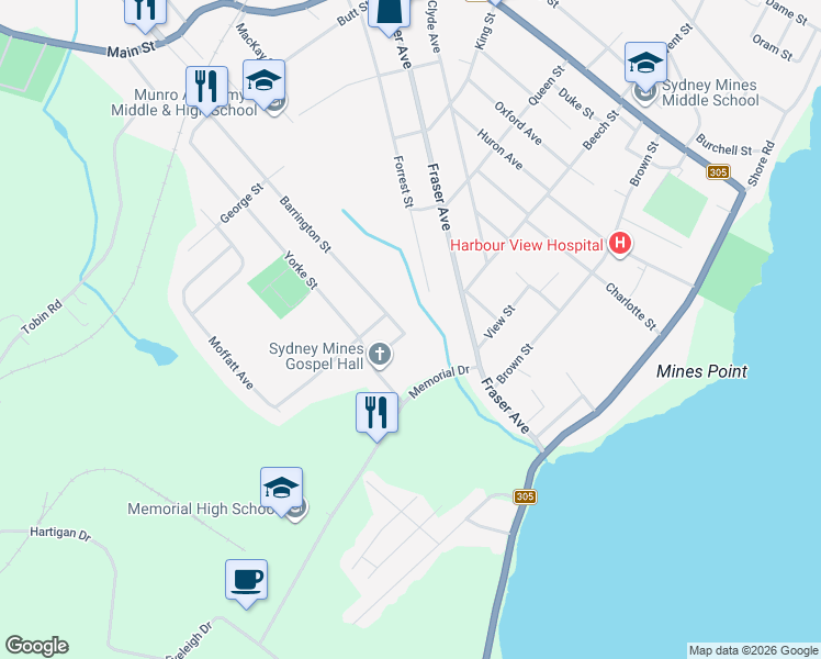 map of restaurants, bars, coffee shops, grocery stores, and more near 123 Barrington Street in Sydney Mines