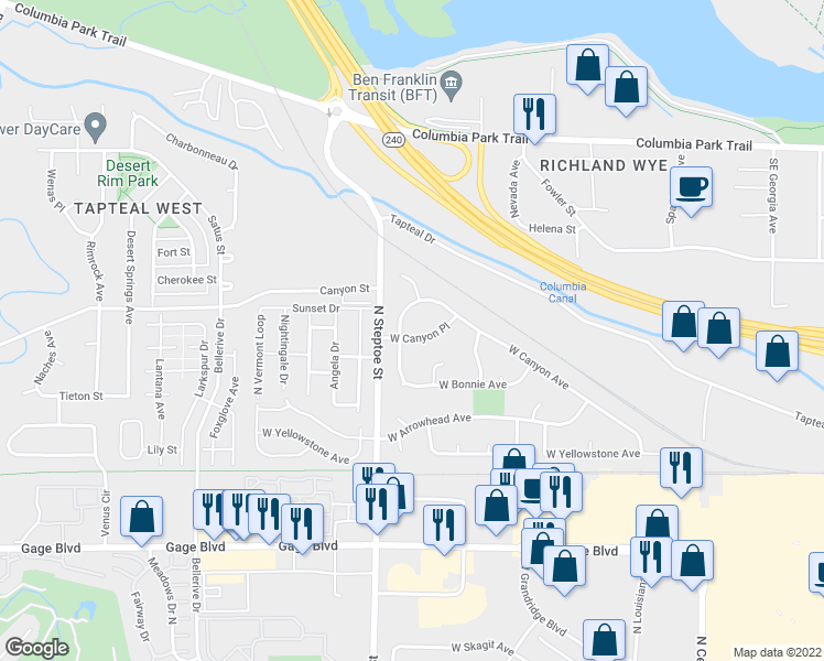 map of restaurants, bars, coffee shops, grocery stores, and more near 8936 West Canyon Place in Kennewick