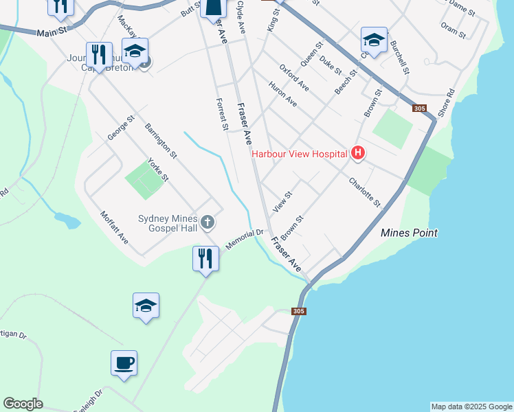 map of restaurants, bars, coffee shops, grocery stores, and more near 108 Fraser Avenue in Sydney Mines