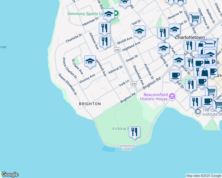 map of restaurants, bars, coffee shops, grocery stores, and more near 17 Goodwill Avenue in Charlottetown