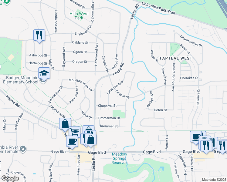 map of restaurants, bars, coffee shops, grocery stores, and more near 103 Canyon Street in Richland