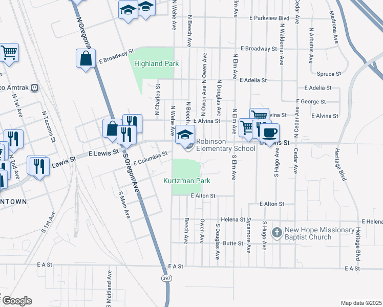 map of restaurants, bars, coffee shops, grocery stores, and more near 125 South Wehe Avenue in Pasco