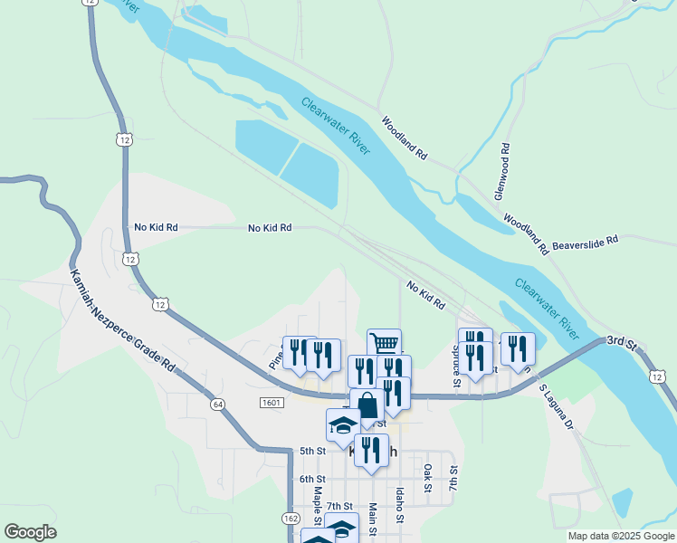 map of restaurants, bars, coffee shops, grocery stores, and more near 206 Hill Street in Kamiah