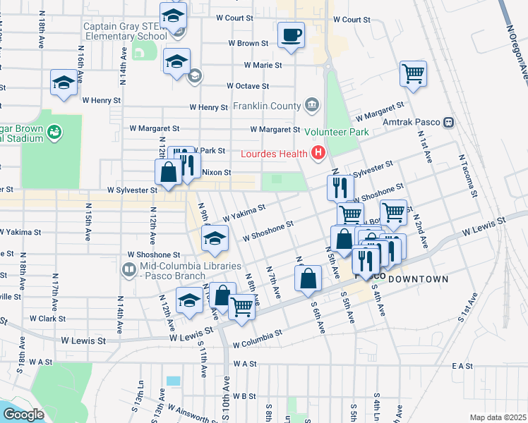 map of restaurants, bars, coffee shops, grocery stores, and more near 718 West Yakima Street in Pasco