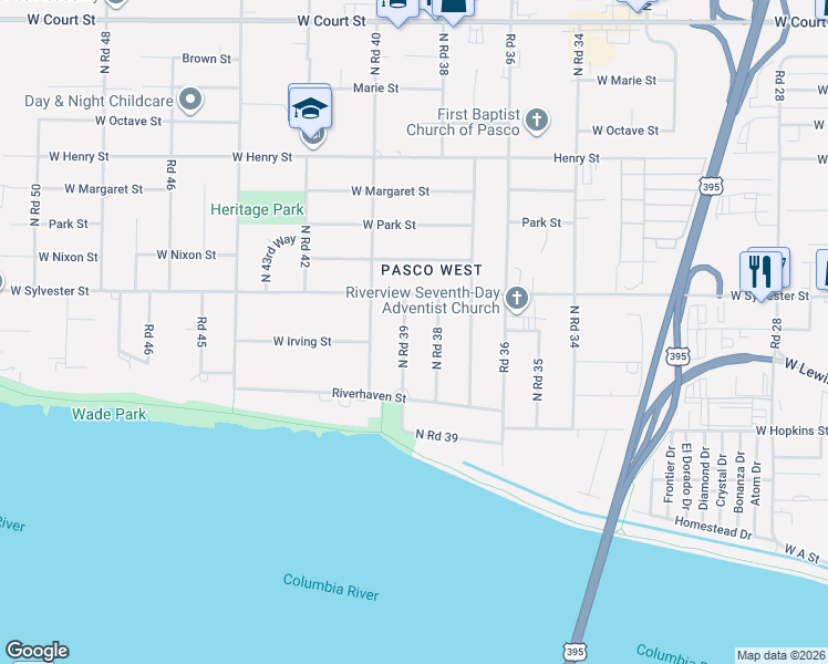 map of restaurants, bars, coffee shops, grocery stores, and more near 513 North Road 39 in Pasco