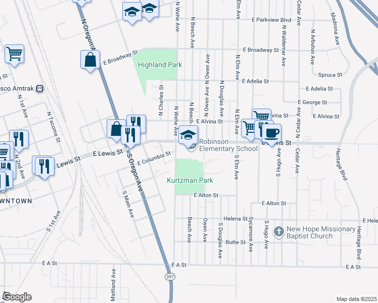 map of restaurants, bars, coffee shops, grocery stores, and more near 125 South Wehe Avenue in Pasco