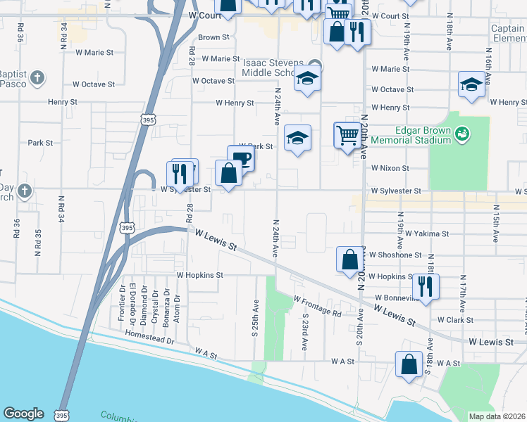 map of restaurants, bars, coffee shops, grocery stores, and more near 500 North 24th Avenue in Pasco
