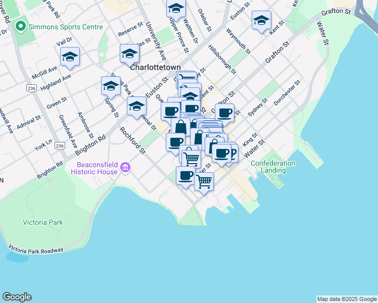 map of restaurants, bars, coffee shops, grocery stores, and more near 85 Richmond Street in Charlottetown