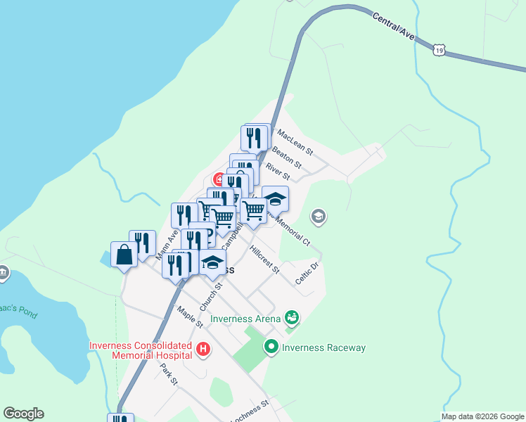 map of restaurants, bars, coffee shops, grocery stores, and more near 36 Veterans Memorial Court in Inverness