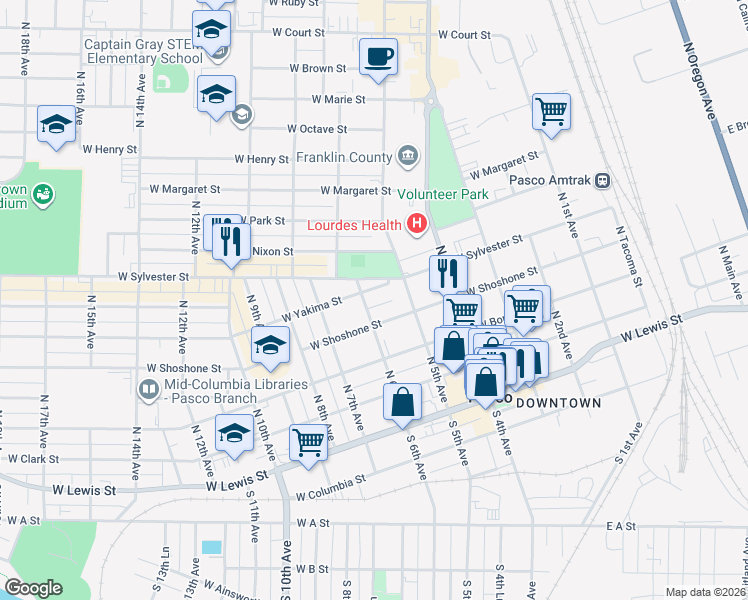 map of restaurants, bars, coffee shops, grocery stores, and more near 624 West Yakima Street in Pasco