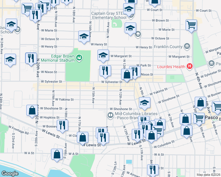 map of restaurants, bars, coffee shops, grocery stores, and more near 716 North 14th Avenue in Pasco