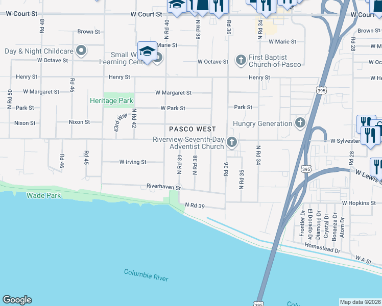 map of restaurants, bars, coffee shops, grocery stores, and more near 513 North Road 39 in Pasco
