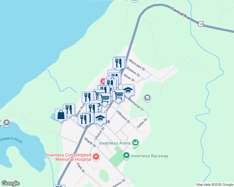 map of restaurants, bars, coffee shops, grocery stores, and more near 69 Campbell Street in Inverness