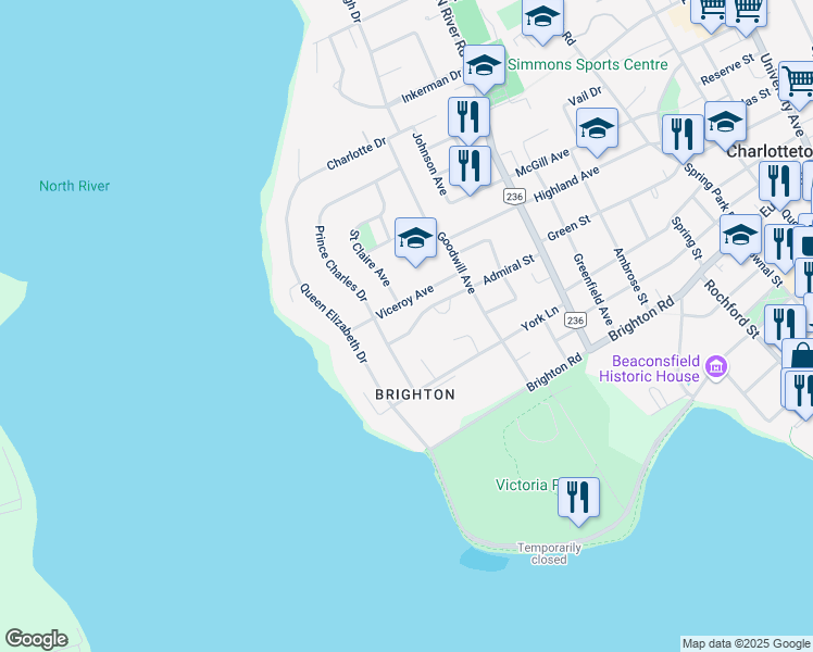 map of restaurants, bars, coffee shops, grocery stores, and more near 45 Admiral Street in Charlottetown