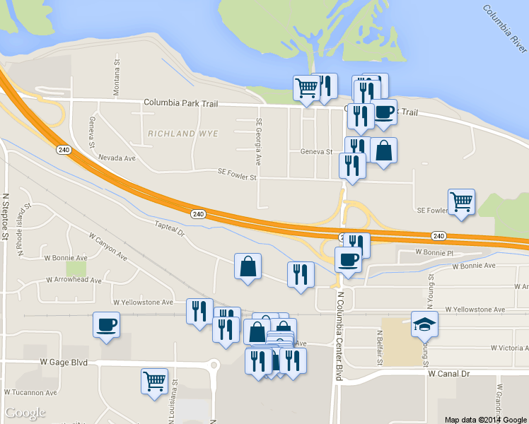 map of restaurants, bars, coffee shops, grocery stores, and more near 1552 Georgia Avenue in Richland