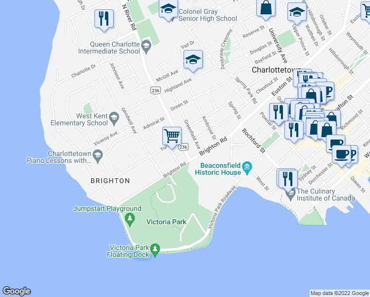 map of restaurants, bars, coffee shops, grocery stores, and more near in Charlottetown