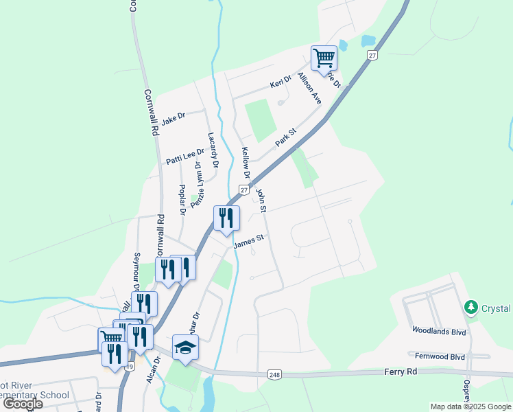 map of restaurants, bars, coffee shops, grocery stores, and more near 10 John Street in Cornwall