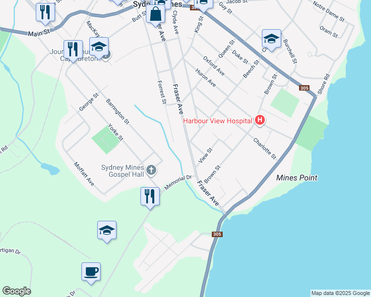 map of restaurants, bars, coffee shops, grocery stores, and more near 108 Fraser Avenue in Sydney Mines