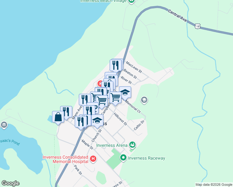 map of restaurants, bars, coffee shops, grocery stores, and more near 69 Campbell Street in Inverness