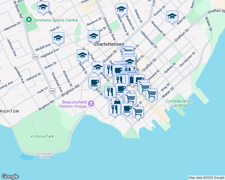 map of restaurants, bars, coffee shops, grocery stores, and more near 135 Pownal Street in Charlottetown