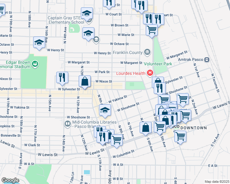 map of restaurants, bars, coffee shops, grocery stores, and more near 824 West Nixon Street in Pasco