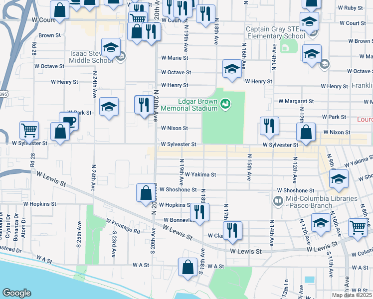 map of restaurants, bars, coffee shops, grocery stores, and more near 600-698 N 19th Ave in Pasco