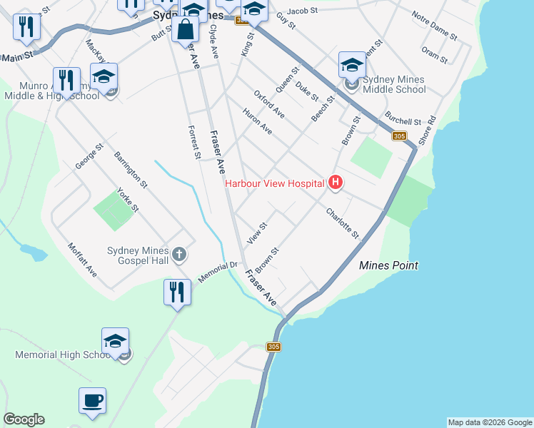 map of restaurants, bars, coffee shops, grocery stores, and more near 13 View Street in Sydney Mines