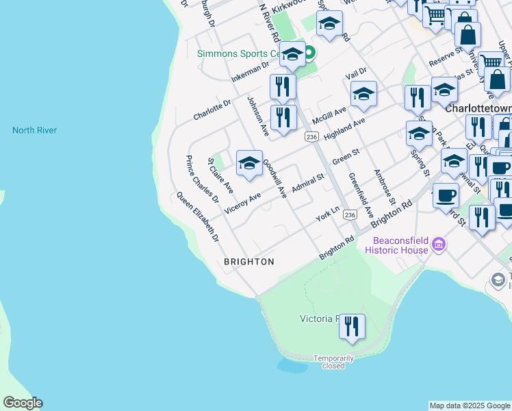 map of restaurants, bars, coffee shops, grocery stores, and more near 35 Admiral Street in Charlottetown