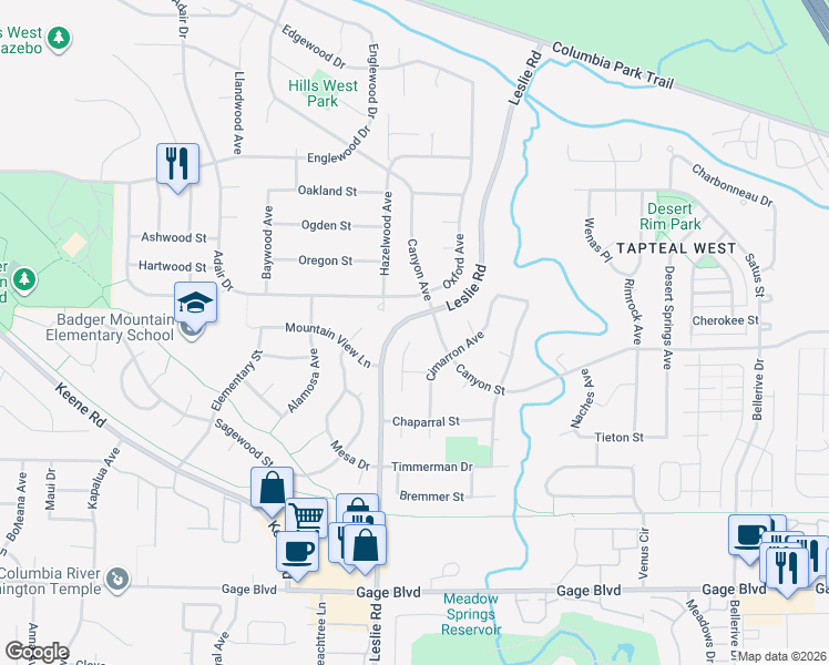 map of restaurants, bars, coffee shops, grocery stores, and more near 1503 Leslie Road in Richland