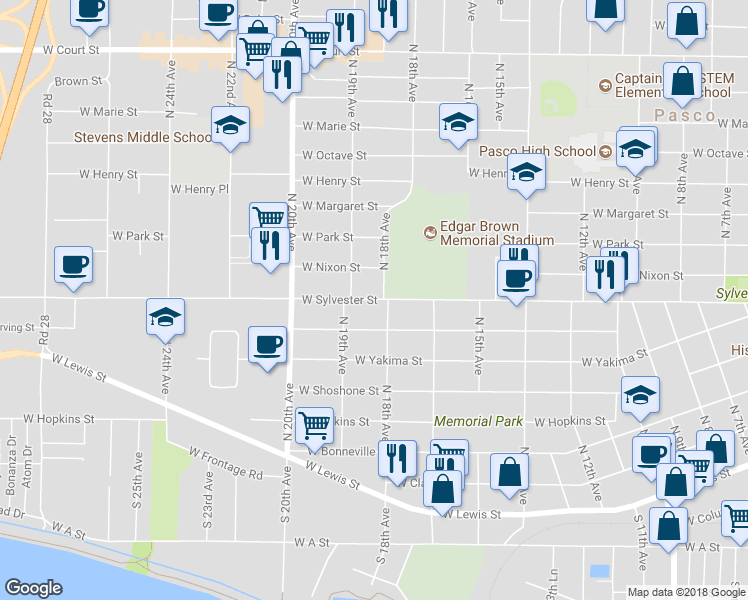 map of restaurants, bars, coffee shops, grocery stores, and more near 1810 West Sylvester Street in Pasco