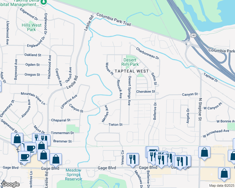 map of restaurants, bars, coffee shops, grocery stores, and more near 1478 Rimrock Avenue in Richland