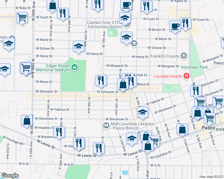 map of restaurants, bars, coffee shops, grocery stores, and more near 1118 W Nixon St in Pasco