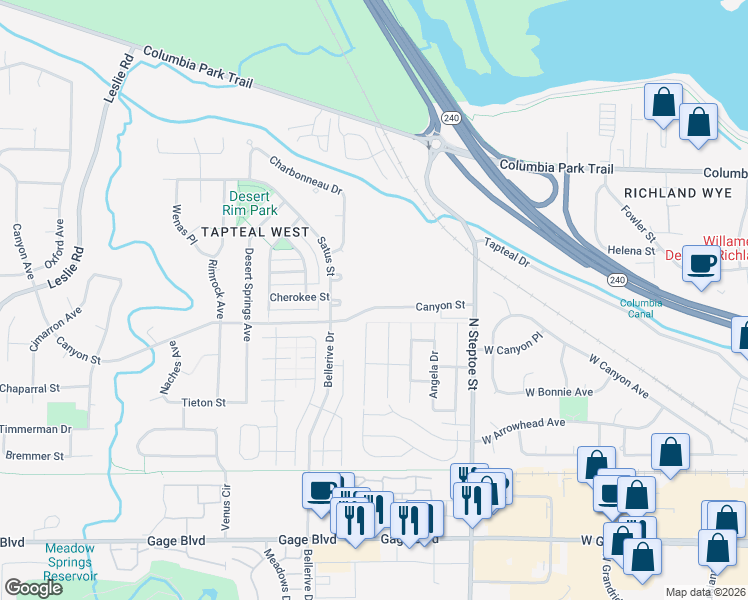 map of restaurants, bars, coffee shops, grocery stores, and more near 650 Canyon St in Richland
