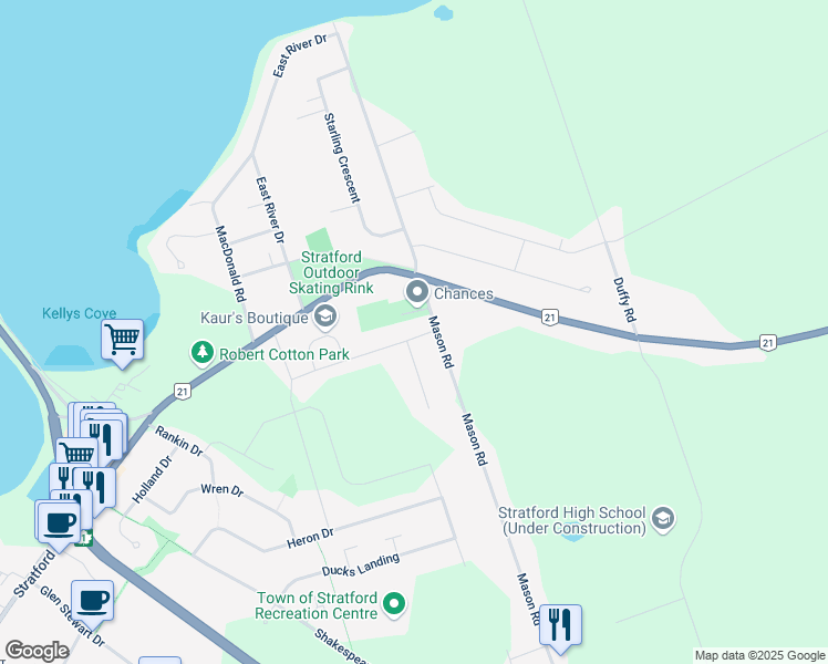 map of restaurants, bars, coffee shops, grocery stores, and more near in Stratford