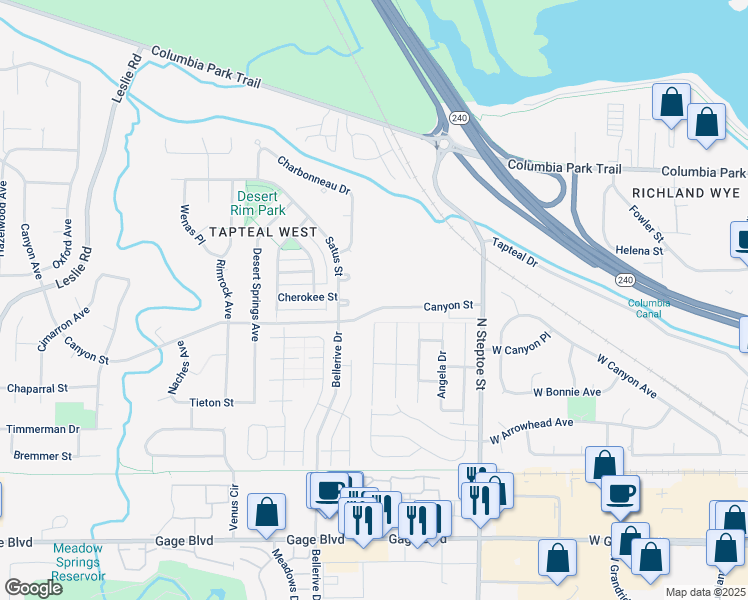 map of restaurants, bars, coffee shops, grocery stores, and more near 650 Canyon Street in Richland