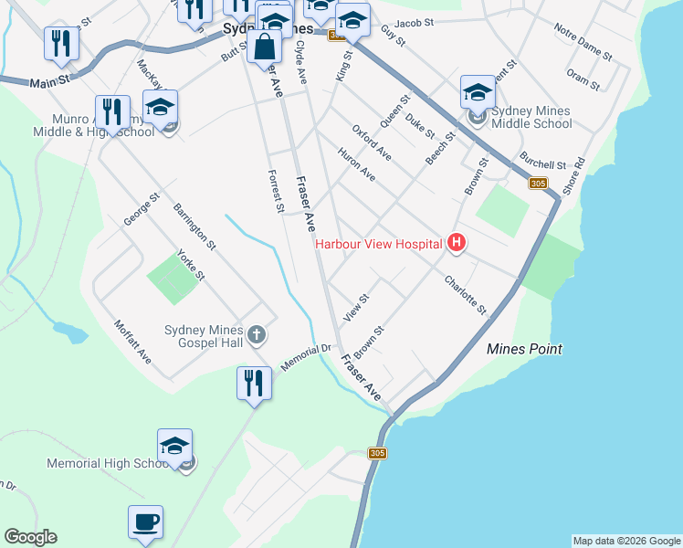 map of restaurants, bars, coffee shops, grocery stores, and more near 55 Beech Street in Sydney Mines