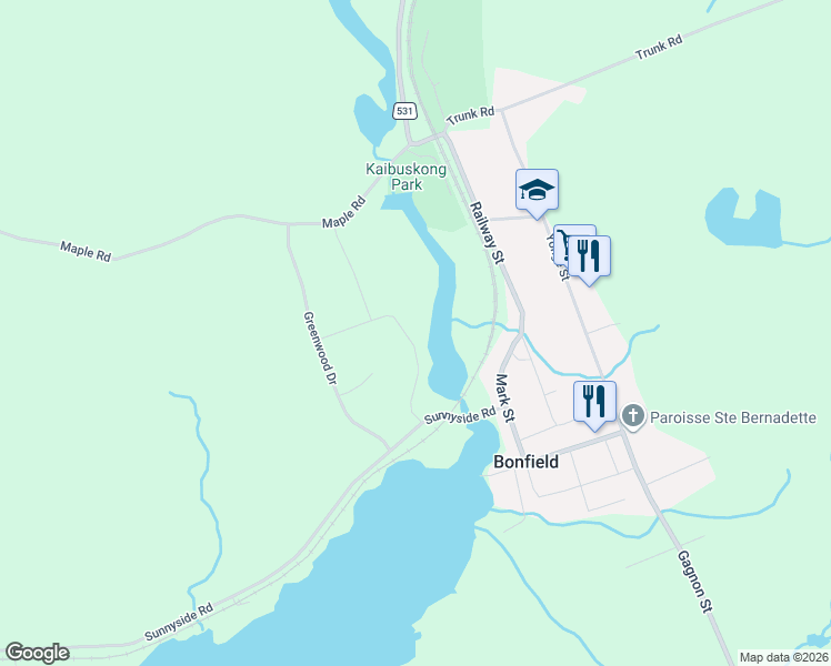 map of restaurants, bars, coffee shops, grocery stores, and more near 119 Hillside Avenue in Bonfield