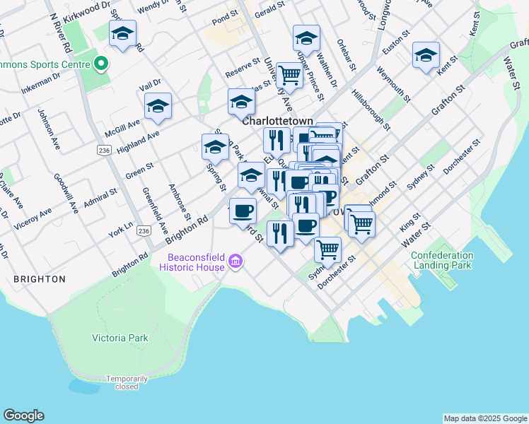 map of restaurants, bars, coffee shops, grocery stores, and more near 31 All Souls Lane in Charlottetown
